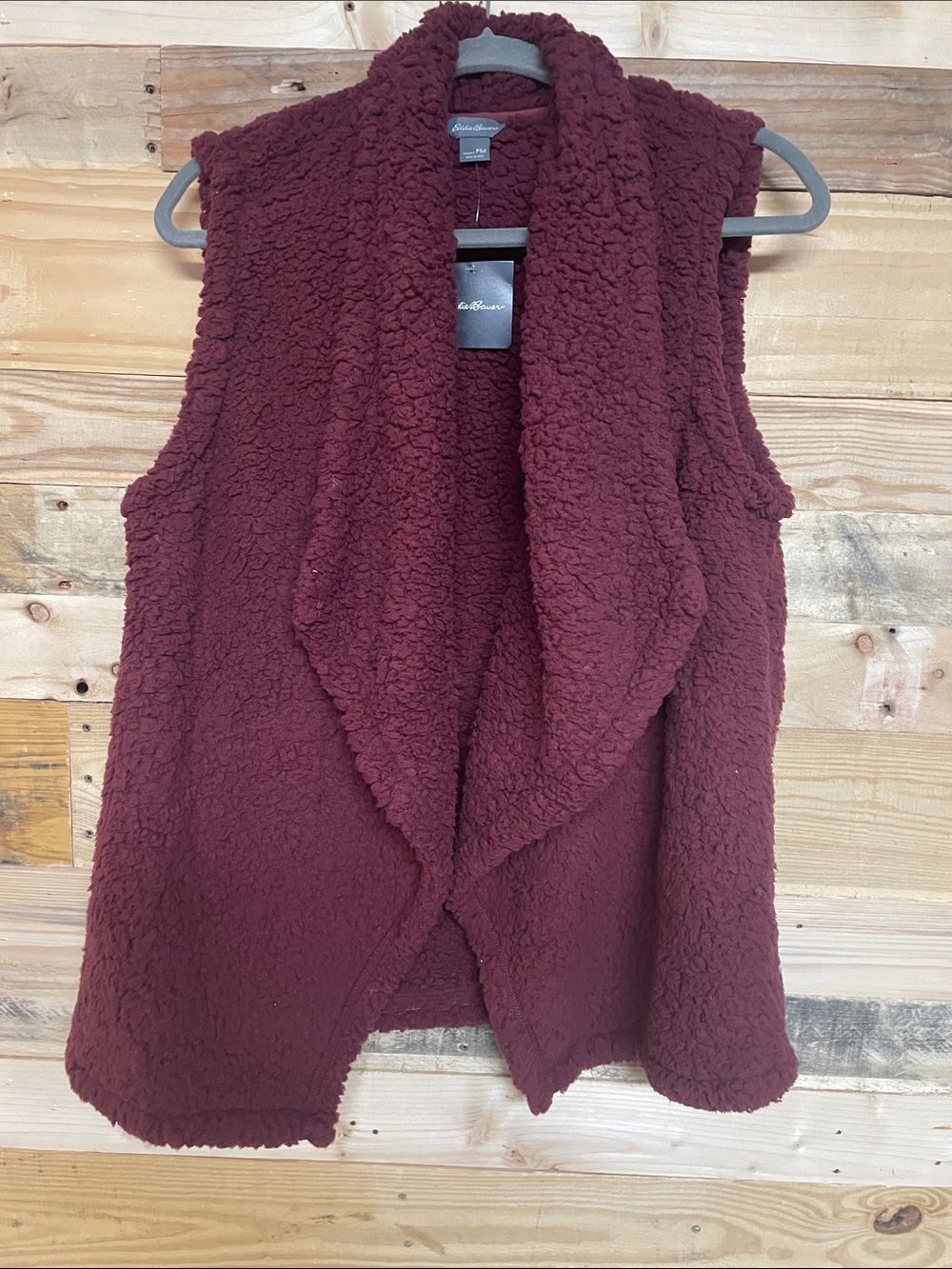 Eddie Bauer Plush Sherpa Draped Vest in Burgundy- Medium Petite